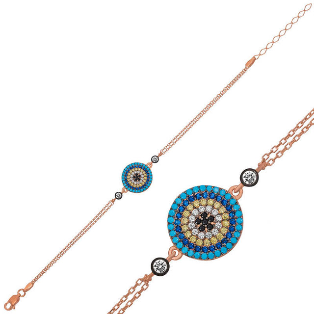 Rose Gold Plated Sterling Silver Evil Eye Bracelet - Multi-Color Crystal