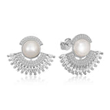 Stud Earrings - Sterling Silver Pearl & CZ Fan Design
