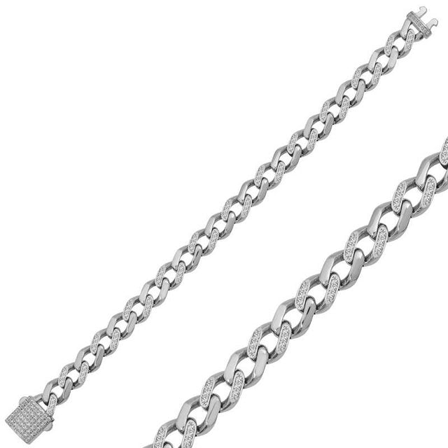 Silver Curb Chain Bracelet - Pave Set Clear Stone Design