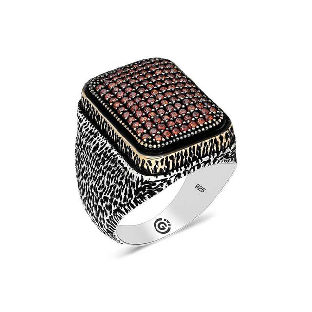 Premium Mens Square Red Zircon Sterling Silver Ring
