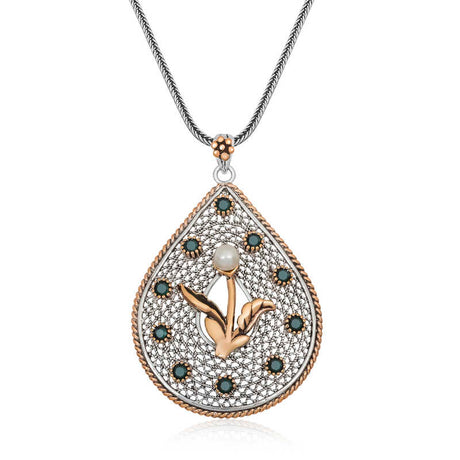 Teardrop Necklace - Authentic Silver & Rose Gold Filigree Pearl Floral