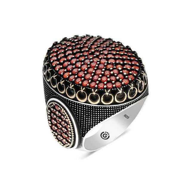 Men's Handcrafted Sterling Silver Red Zircon Oval Ring