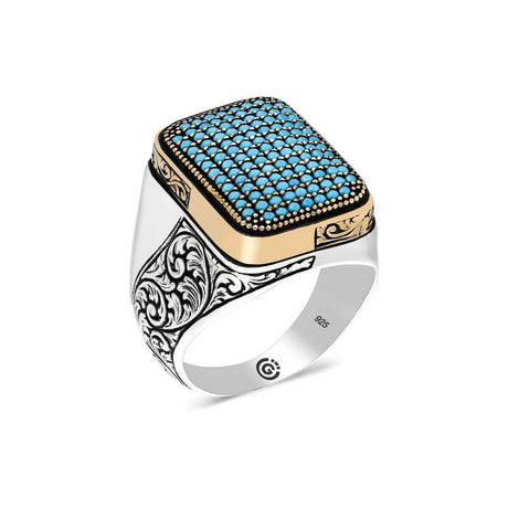 Sterling Silver Square Turquoise Zirconia Mens Ring