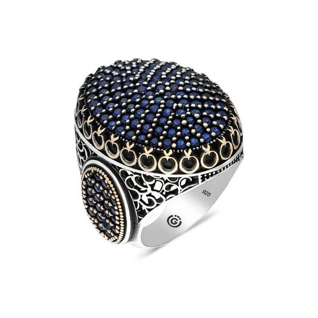 Premium Sterling Silver Oval Men's Ring with Navy Blue Zircon Stones