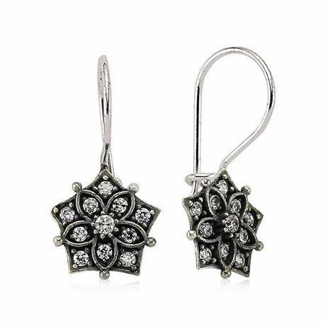 Sterling Silver Dangle Earrings - Vintage Floral CZ Star Design