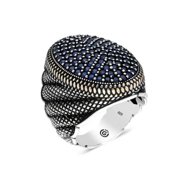 Premium Sterling Silver Oval Men's Ring Navy Blue Zirconia