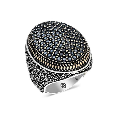 Premium Sterling Silver Oval Mens Ring with Black Zircon Stones