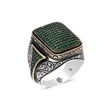Premium Sterling Silver Green Zircon Stone Square Men's Ring
