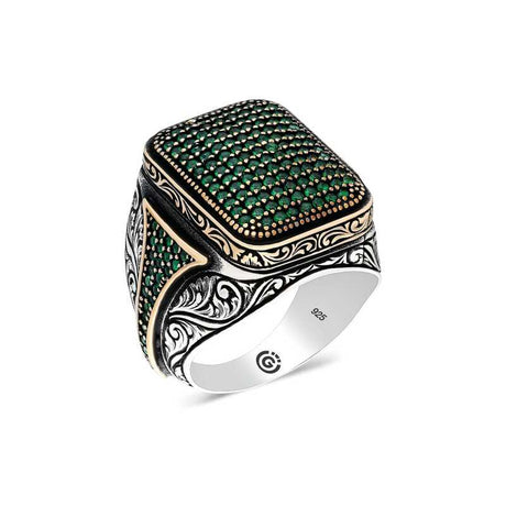 Premium Sterling Silver Green Zircon Stone Square Men's Ring