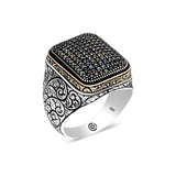 Premium Sterling Silver Men's Black Zircon Square Ring