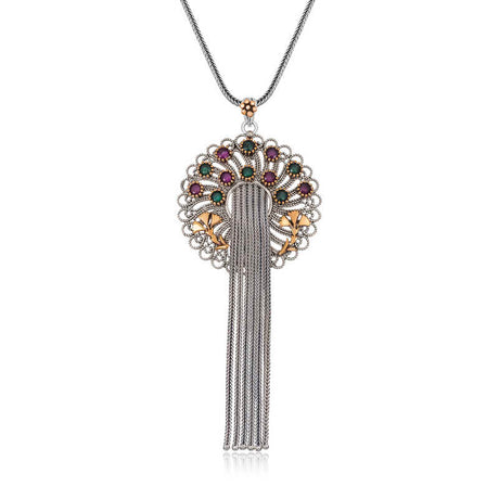 Necklace - Silver & Gold-Tone Filigree Tassel with Ruby & Emerald Stones