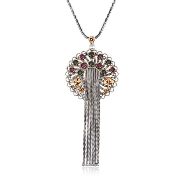 Necklace - Silver & Gold-Tone Filigree Tassel with Ruby & Emerald Stones