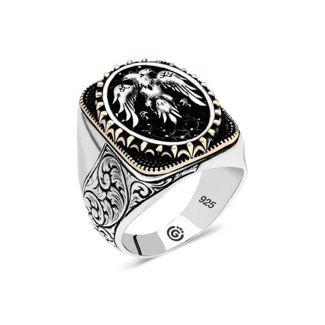 Sterling Silver Double Headed Eagle Oval Men's Ring