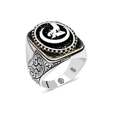 Premium Artisan Crafted Men's Silver Crescent Wolf Oval Ring