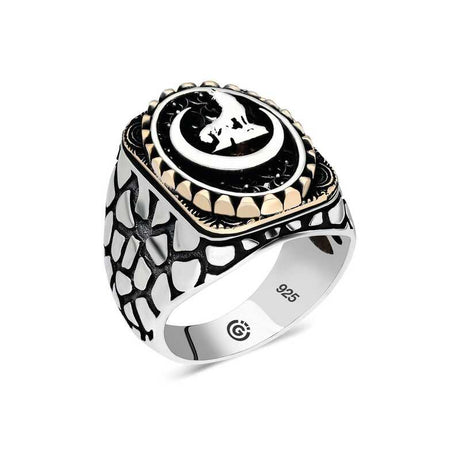 Premium Sterling Silver Crescent Wolf Men's Ring