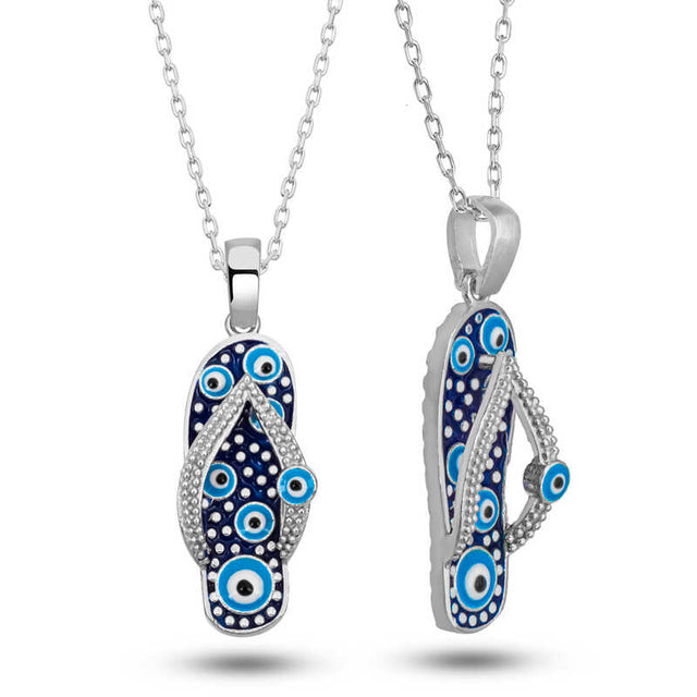 Sterling Silver Evil Eye Flip-Flop Necklace - Sparkling Summer Charm