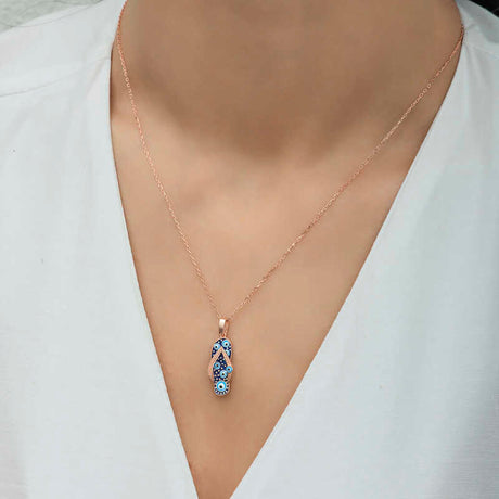 Necklace - Rose Gold Plated Evil Eye Flip Flop Charm - Unique Design