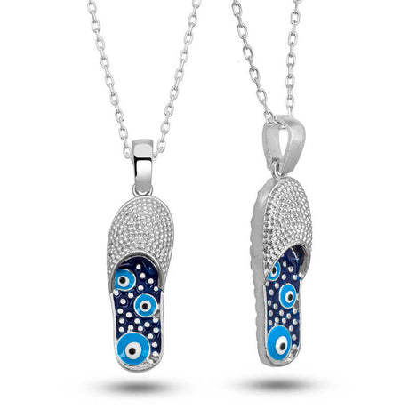 Sterling Silver Evil Eye Slipper Pave Charm Necklace