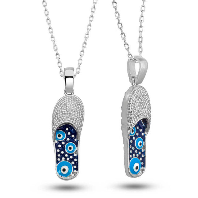 Sterling Silver Evil Eye Slipper Pave Charm Necklace