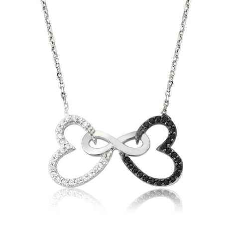 Sterling Silver Intertwined Hearts Infinity Necklace - White & Black Zirconia