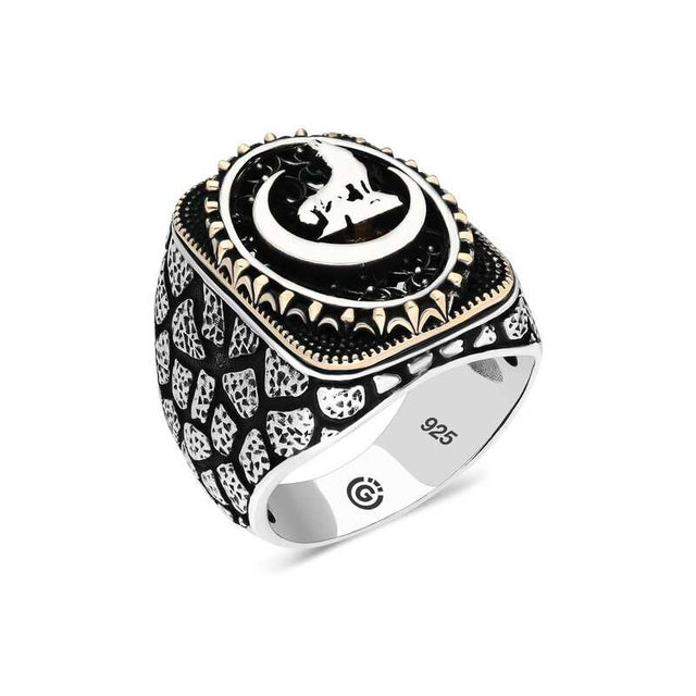 Premium Handcrafted Men's Silver Ring Crescent Wolf Motif