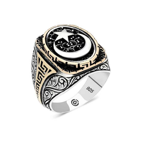 Premium Sterling Silver Crescent Star Oval Mens Ring