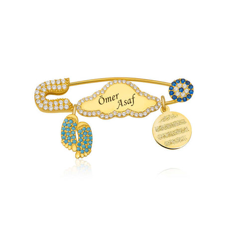 Personalized Baby Safety Pin Brooch - Gold-Tone with Evil Eye & Charms