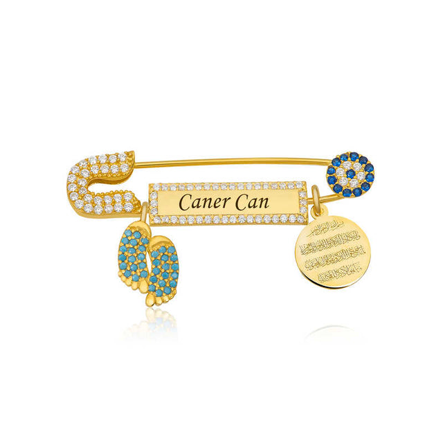 Personalized Gold-Tone Baby Pin with Zirconia & Protection Charms