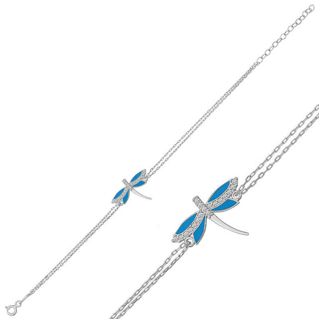 Sterling Silver Dragonfly Charm Bracelet - Blue Enamel & Zirconia