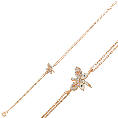 Rose Gold Plated Dragonfly Charm Bracelet - Dainty CZ & White Enamel