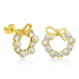 Gold Plated Sterling Silver Pearl & CZ Bow Wreath Stud Earrings