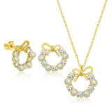 Gold-Plated Sterling Silver Pearl & CZ Bow Wreath Set for Her