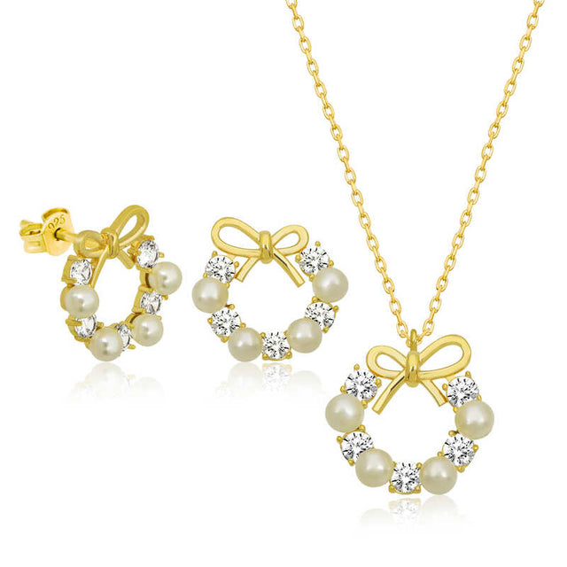 Gold-Plated Sterling Silver Pearl & CZ Bow Wreath Set for Her