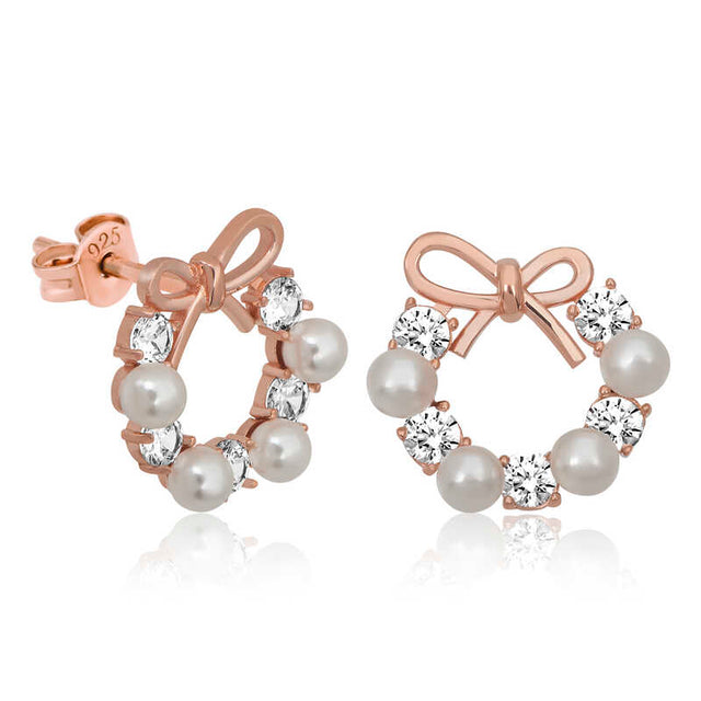Stud Earrings - Rose Gold Plated Pearl & CZ Bow Wreath Design
