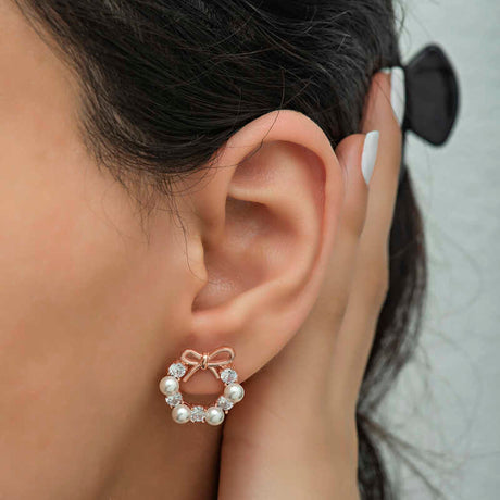 Stud Earrings - Rose Gold Plated Pearl & CZ Bow Wreath Design
