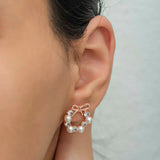 Stud Earrings - Rose Gold Plated Pearl & CZ Bow Wreath Design