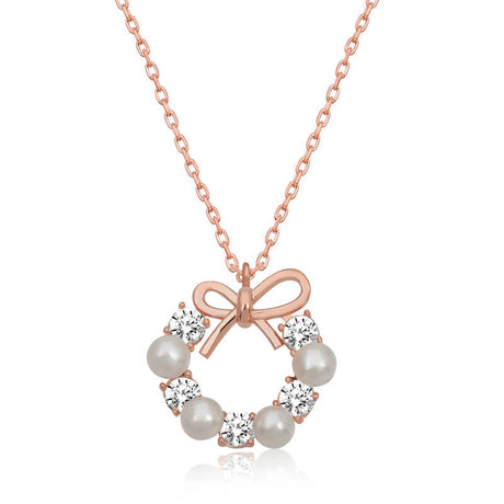 Rose Gold Plated Necklace - Pearl & CZ Bow Wreath Pendant
