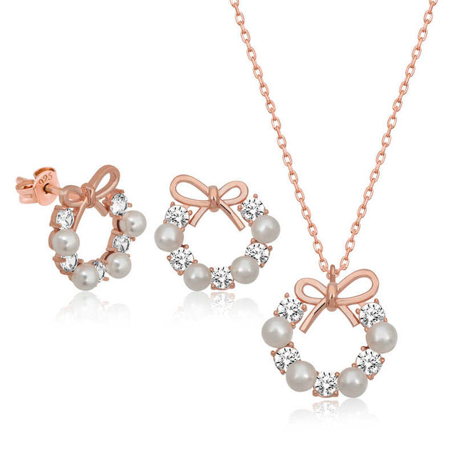 Rose Gold-Tone Pearl & Zircon Bow Wreath Jewelry Set
