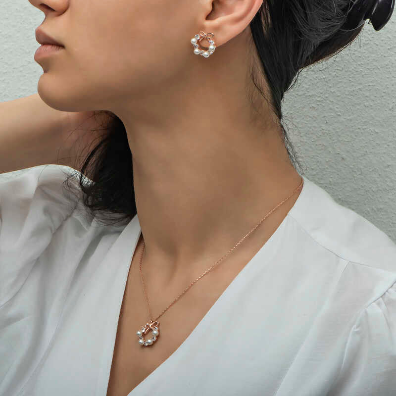 Rose Gold-Tone Pearl & Zircon Bow Wreath Jewelry Set