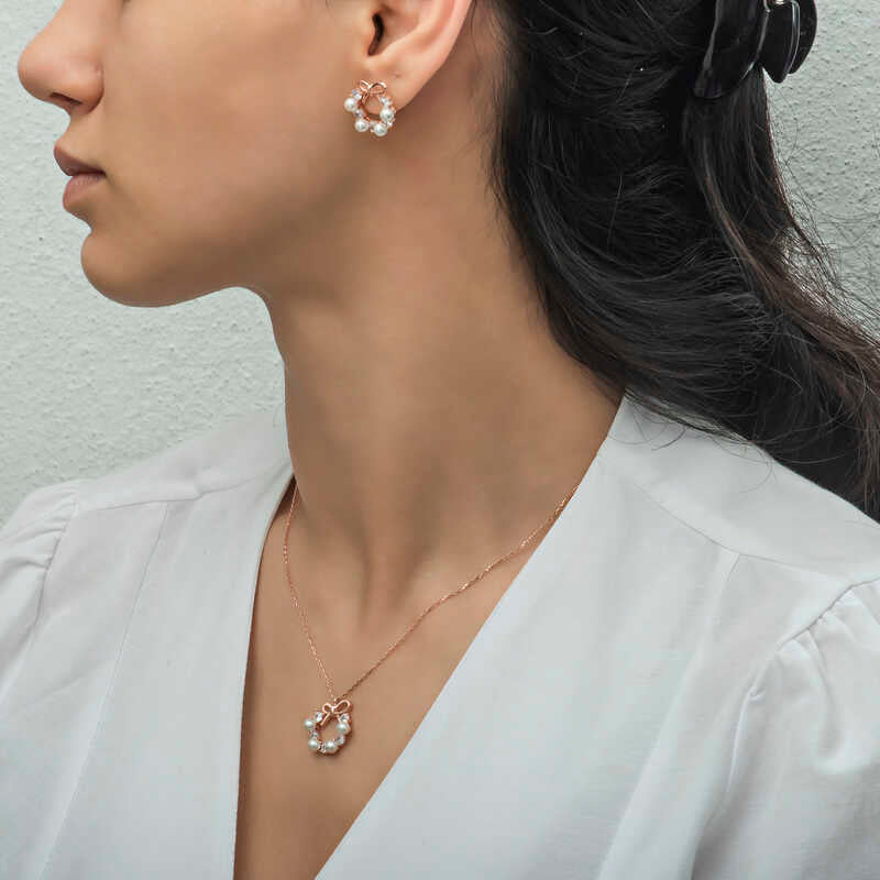 Rose Gold-Tone Pearl & Zircon Bow Wreath Jewelry Set