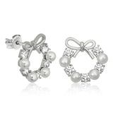 Elegant Sterling Silver Pearl & CZ Bow Wreath Stud Earrings