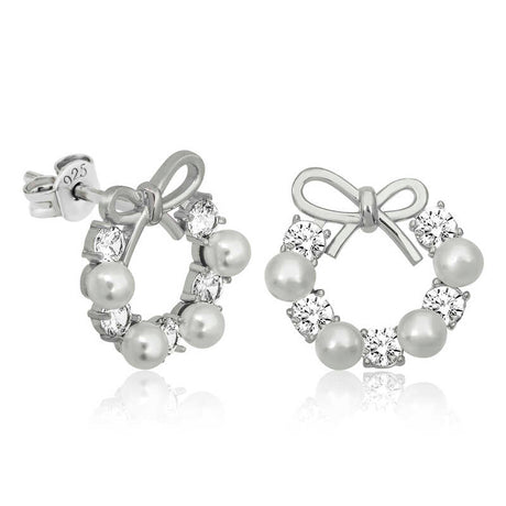 Elegant Sterling Silver Pearl & CZ Bow Wreath Stud Earrings