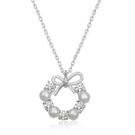 Necklace - Elegant Silver-Tone Pearl & Zircon Bow Wreath