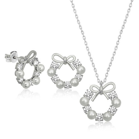 Sterling Silver Pearl & CZ Bow Wreath Jewelry Set