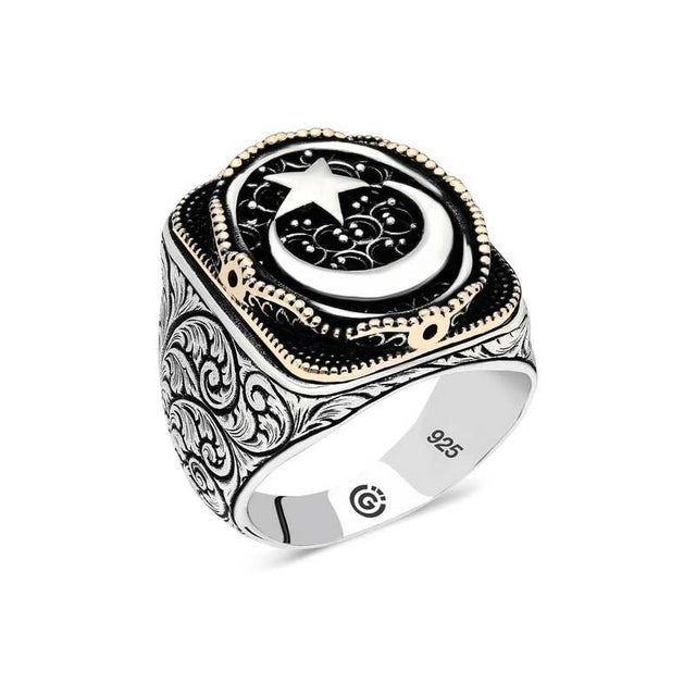 Premium Men's Oval Silver Crescent Star Ring