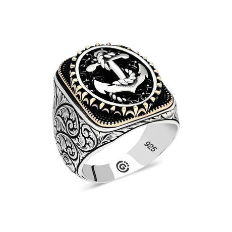 Premium Sterling Silver Anchor Oval Mens Ring