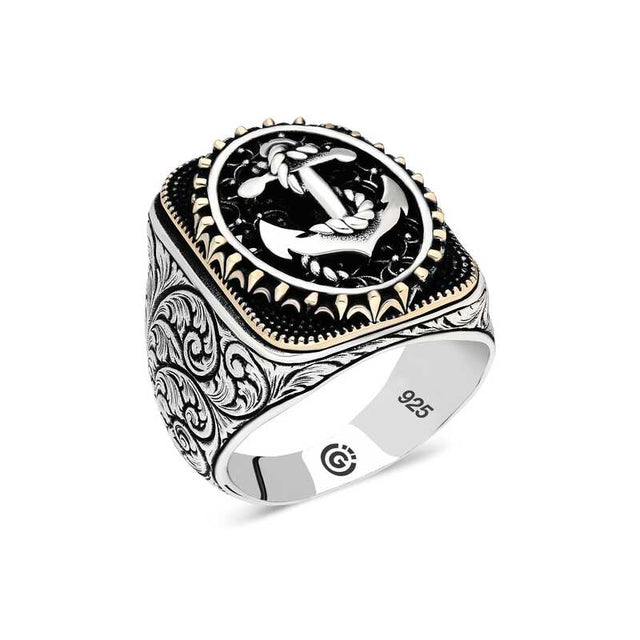 Premium Sterling Silver Anchor Oval Mens Ring