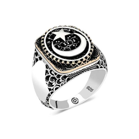 Premium Sterling Silver Crescent Star Oval Men's Ring