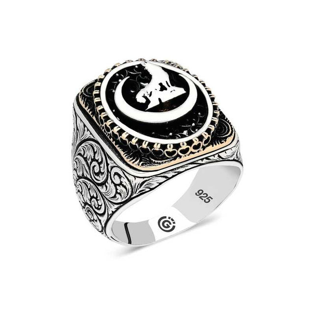 Men's Sterling Silver Crescent Wolf Design Ring