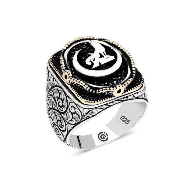 Premium Sterling Silver Artisan Crafted Oval Men's Ring Crescent Wolf Design